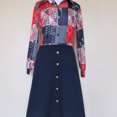 Vintage 1970s Shirt Dress, Medium Women, red white blue patchwork design, Miss Marilyn of Dallas 