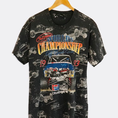 Vintage 1993 World Champion Off Road Race Pepsi Sponsored Trucks All Over Pattern T Shirt Sz L