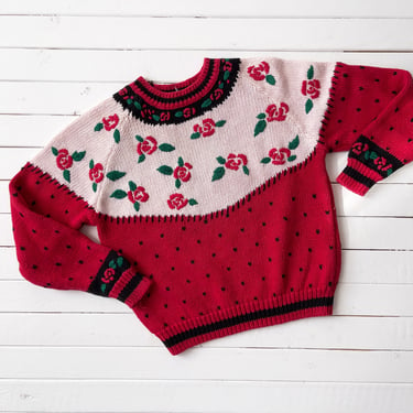 cute cottagecore sweater | 80s 90s vintage Bryn Connelly red rose fair isle style embroidered sweater 
