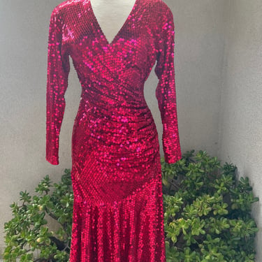 Vintage 80s sequins dress ruched waist raspberry pink Sz 10 Medium by Bullocks Wilshire 