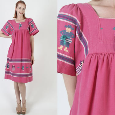 Heavyweight Pink Guatemalan Tent Dress / Aztec Print Bell Sleeves / Vintage Cotton Mexican Villager Print / Embroidered Woven Midi 