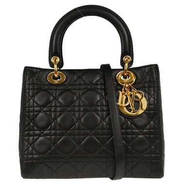 Christian Dior Black Lambskin Medium Lady Dior Cannage 2way Shoulder Handbag
