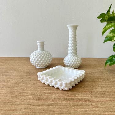 Vintage Fenton White Milk Glass Hobnail Vases & Ashtray - Set of 3 