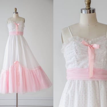 white chiffon dress | 70s vintage white pastel pink chiffon velvet polka dot princess formal party gown 