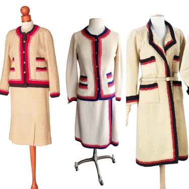 Vintage 60s Adolfo Skirt Suit Cream Blue Red  Knit in Chanel Style 