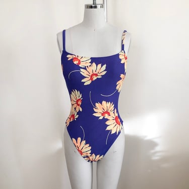 Bright Blue Sunflower Print Swimsuit with Lace-Up Back - 1990s 