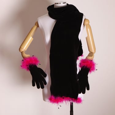 1990s 2000s Black and Pink Fuzzy Hot Pink Feather Trim Scarf with Matching Gloves 