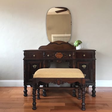 SAMPLE PIECE ONLY - Restored Antique Makeup Vanity with Mirror and Bench 