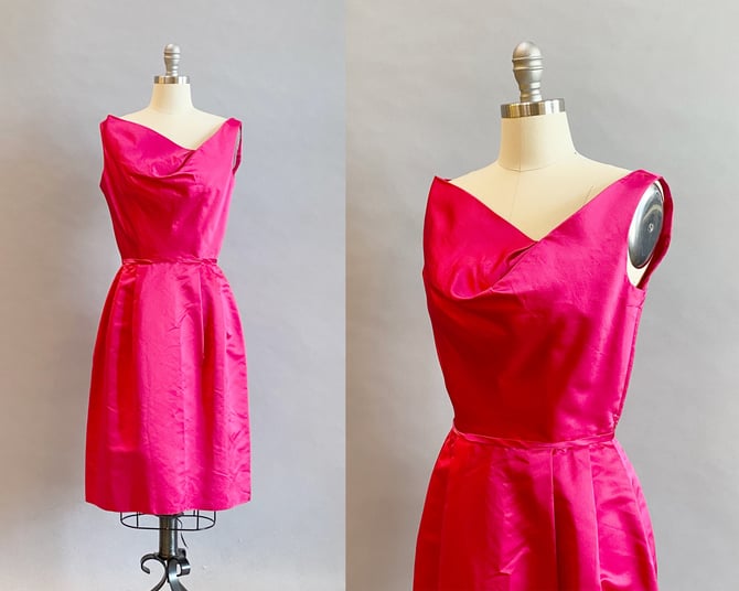 1950s Ceil Chapman Dress / 1950s Wiggle Dress / Hot Pink Dress / 1950s Party Dress / Size Small 