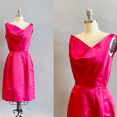 1950s Ceil Chapman Dress / 1950s Wiggle Dress / Hot Pink Dress / 1950s Party Dress / Size Small 
