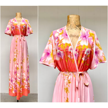 Vintage 1960s Floral Maxi Dressing Gown, 60s Nylon Summer Robe w/ Flutter Sleeves, Kimono-Style Ombré Print Loungewear, Small/Medium 