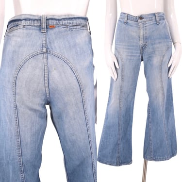 70s LEVIS saddle stitch high waisted denim bell bottoms jeans 32  / vintage 1970s ORANEG TAB light denim flares pants M 