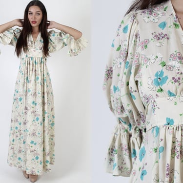 70s Giant Ruffle Kimono Sleeve Dress / 1970s Gypsy Boho Wedding Gown / Avant Garde Renaissance Summer Festival Maxi 