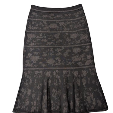 Carolina Herrera - Black Shimmering Floral Print Wool Mermaid Skirt Sz L