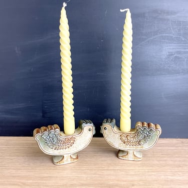 UCTCI Japan chicken candleholder pair - 1970s stoneware 