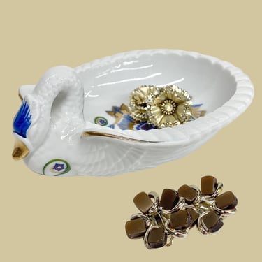 Vintage Elizabeth Arden Swan Dish Retro 1980s Orient Express + White Porcelain + Blue and Gold Design + Ring or Soap Dish + Catchall + Japan 