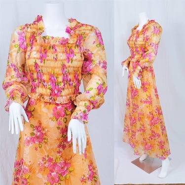 1970's Orange Bold Floral Print Balloon Sleeves Smocked Chiffon Maxi Dress I Sz Med I Algo - ettes 