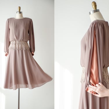 sheer chiffon dress | 70s 80s vintage Ursula of Switzerland see through light brown chiffon billowy bishop sleeve flowy midi dress 