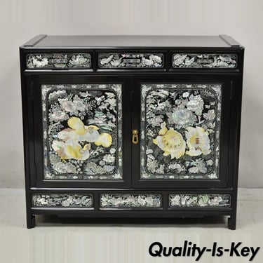 Vintage Korean Mother of Pearl Oriental Black Lacquer Oriental Cabinet