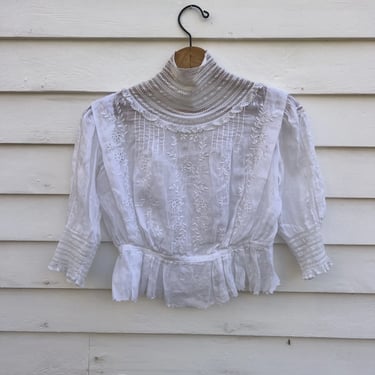 Antique Edwardian White Cotton Bodice Lace Embroidery Dress Blouse Top Vintage