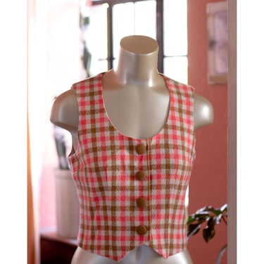 Vintage Vest Top - 1960s - Waistcoat - Pink, Brown, Plaid - Kitschy, Preppy, Mod - Wool, Lined 