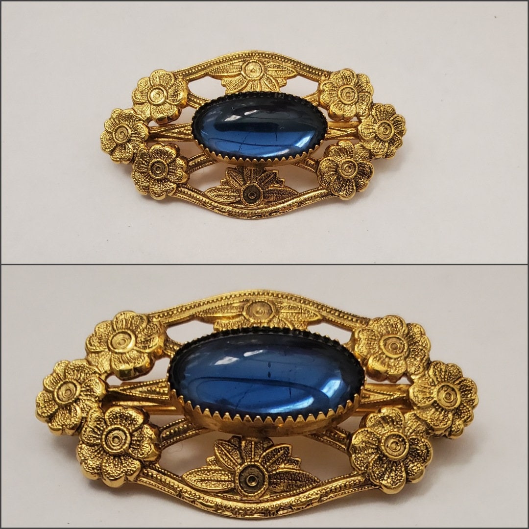 Vintage 60s Victorian Revival Brooch with Blue Czech Glass