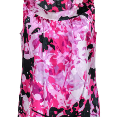 St. John - Pink &amp; Black Floral Print Silk Blend Sleeveless Top Sz M