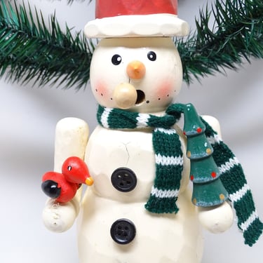 Vintage Large German Snowman with Tree & Cardinal Bird Smoker Incense Burner, Hand Painted Wood for Christmas, Erzgebirge Germany Toy 