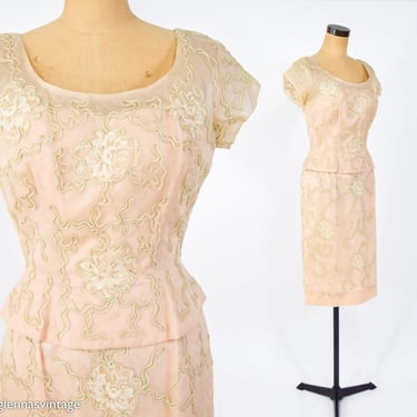 1950s Beige Lace Party Dress | 50s Beige Organdy Cocktail Dress | Medium 