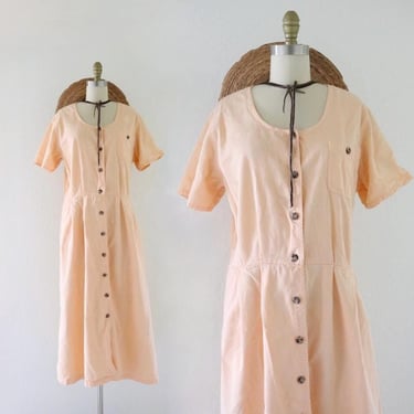 melon cotton button dress - xl - vintage 80s 90s peach womens size extra large casual short sleeve maxi dress with pockets 