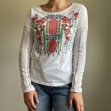 Sundance Women’s Floral Embroidered Lace Cotton Long Sleeve Boho Tee Sz XS 