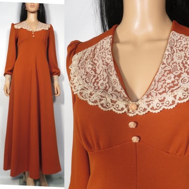 Vintage 70s Pumpkin Spice Lace Collar Carved Rose Button Prairie Maxi Dress Size M 