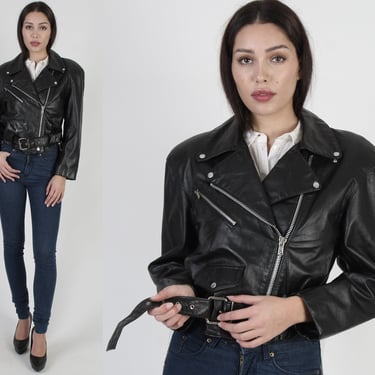 Vintage 80s Black Leather Motorcycle Jacket Cropped Glam Punk Belted Biker Coat 