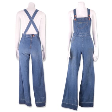 70s denim bell bottom overalls 25, vintage 1970s Succotash jeans jumpsuit, 70s flares, 70s bells pants M sz 2-4 S 