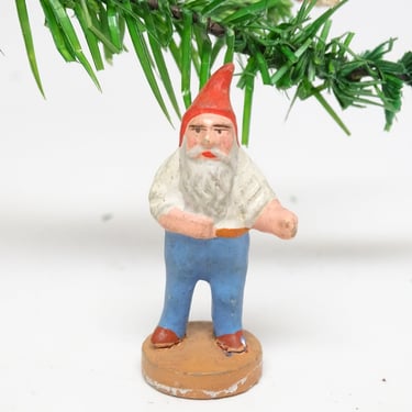 Antique German Miniature Composite Santa Hand Painted on Wooden Base, Vintage Christmas Decor 