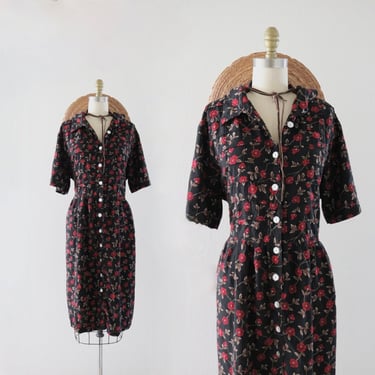 tie back dark floral dress - vintage 90s y2k black plus size button front short sleeve rayon midi dress 