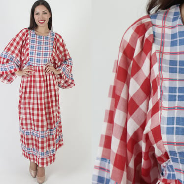 Kimono Bell Sleeve Americana Maxi Dress, Avant Garde Red White & Blue Picnic Outfit, Casual Bohemian Prairie Summer Print 