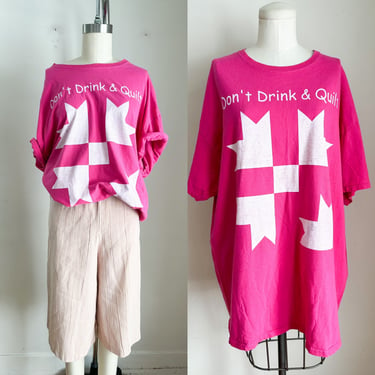 Vintage 1980s hot pink "Don't Drink & Quilt" Humor T-shirt / XXL 
