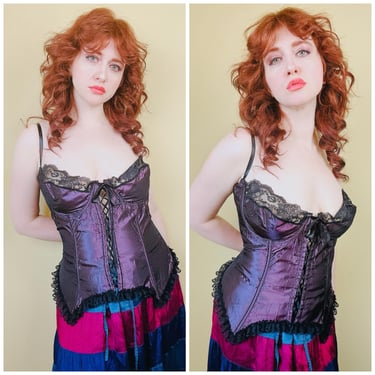 1990s Vintage Intimate Attitudes Volup Purple Taffeta Bustier / 90s Lac Front Ruffled Goth Nylon / Acetate Teddi / Size 42 / XL - XXL 