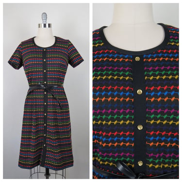 Vintage 1970s knit dress, rainbow, embroidered, mod, sheath, day dress, career, size medium 