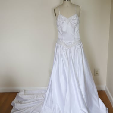80s Pearl Beaded Basque Waist Cross Back Gown with Train