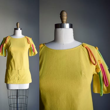 1960s Bright Yellow Linen Tunic with Tassles 