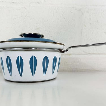 Vintage Cathrineholm Enamel White Blue Saucepan Sauce Pan Norway Catherineholm Norwegian Scandinavian Covered Pot 1960s 1950s 