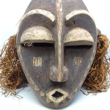 Antique Early 1900's Hand Carved Tribal Myuba Eastern Pende West African Mask, Congo Folk Art, Wood, Canvas, Grass 