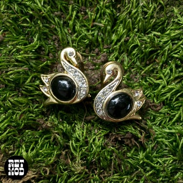 Adorable Vintage 80s 90s Gold & Black Rhinestone Swan Bird Earrings 