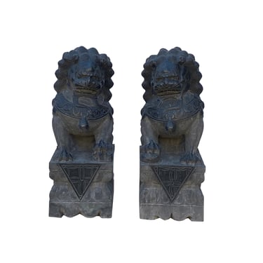 Chinese Medium Pair Black Gray Stone Fengshui Foo Dog Statues cs7253E 