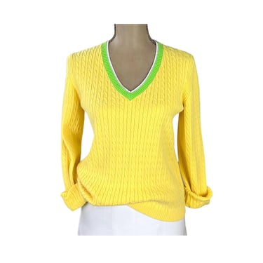 Y2K Cable Knit Cotton Sweater, Yellow V Neck Pullover Casual Preppy, 70s Style 2000s Clothes Women Vintage, TOMMY HILFIGER Petite Small 