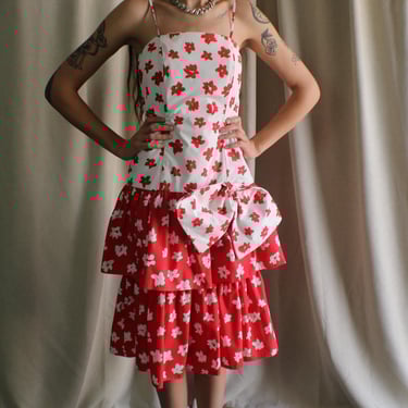 80's Summer Dress / Vintage Big Bow Dress /  Red and White Sleeveless dress / Small 