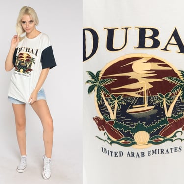 Dubai T-Shirt 90s United Arab Emirates Shirt Tropical Beach Ocean Sailboat Dolphin Graphic Tee Retro Tourist Travel Vintage 1990s 2xl xxl 