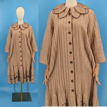 Vintage JSong Collection Linen Pleated Petal Collar Button Front Dress - Large Linen Dress Jacket with Lace Hem 